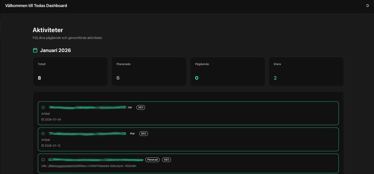 Aktivitetslista i kundportalen